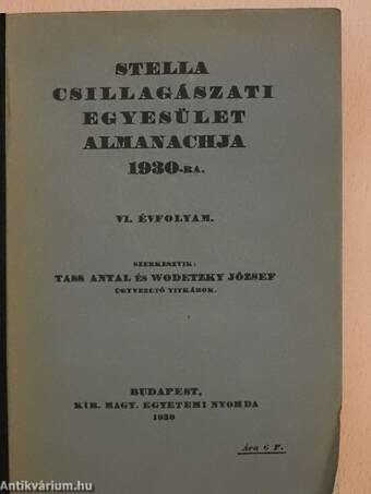 Stella Csillagászati Egyesület Almanachja 1930-ra