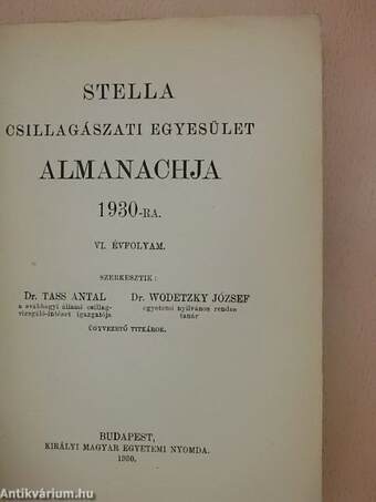 Stella Csillagászati Egyesület Almanachja 1930-ra