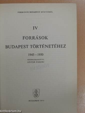 Források Budapest múltjából IV.