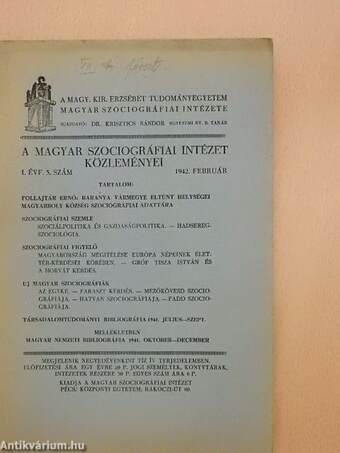 A Magyar Szociográfiai Intézet Közleményei 1942. február