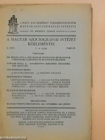 A Magyar Szociográfiai Intézet Közleményei 1942/43. 3-4.