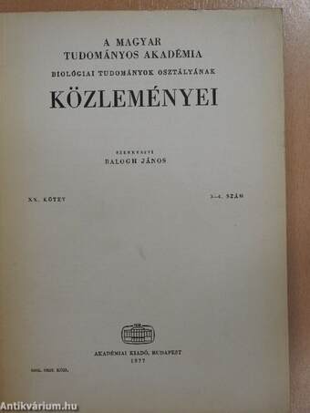 A Magyar Tudományos Akadémia Biológiai Tudományok Osztályának Közleményei XX. kötet 3-4. szám