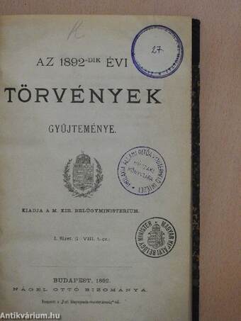 Az 1892-dik évi törvények gyüjteménye