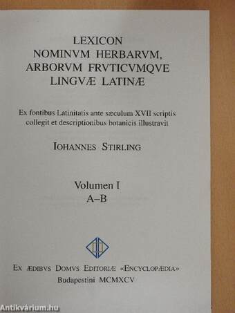 Lexicon Nominum Herbarum, Arborum Fruticumque Linguae Latinae I.