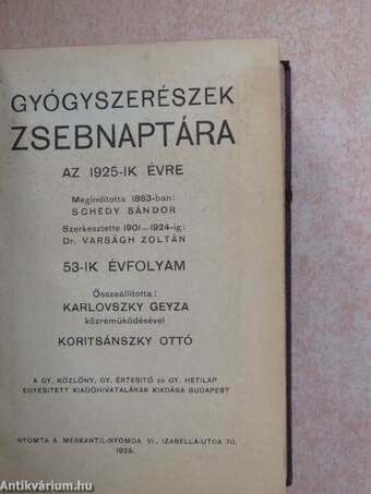 Gyógyszerészek zsebnaptára az 1925-ik évre