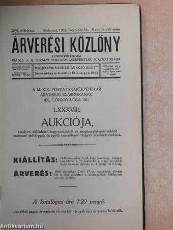 Árverési Közlöny 1938. december hó 8. rendkívüli szám