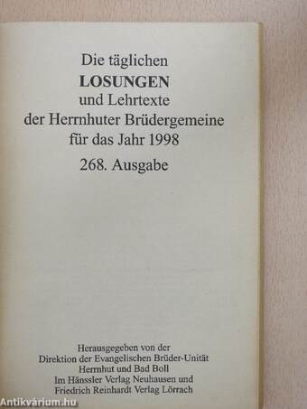 Die täglichen Losungen und Lehrtexte der Brüdergemeine für das Jahr 1998