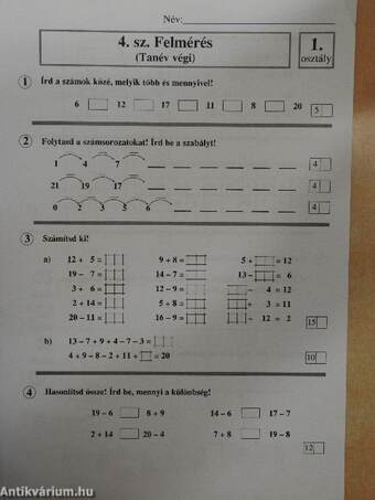 Tudáspróbák, felmérések - Matematika 1. osztály