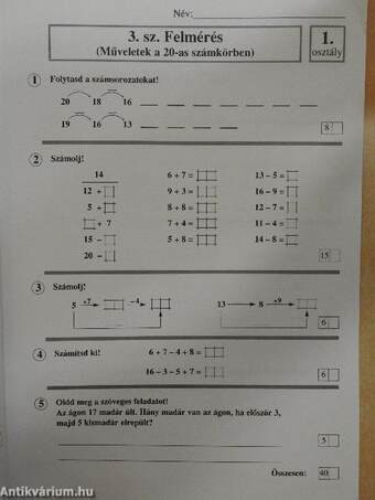 Tudáspróbák, felmérések - Matematika 1. osztály