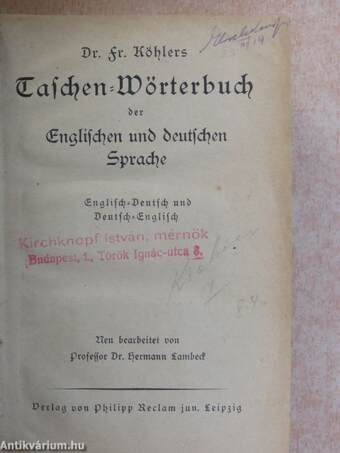 Dr. Fr. Köhlers Taschen-Wörterbuch der Englischen und deutschen Sprache