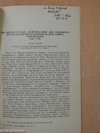 Die Kontinuität der "Familiennamen" der Ungarischen Bürger Klausenburgs (Kolozsvár; Cluj-Napoca) über 300 jahre 1453-1750 (dedikált példány)