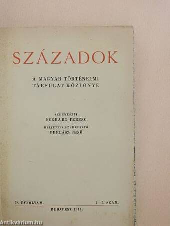 Századok 1944. (nem teljes évfolyam)