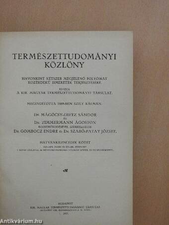 Természettudományi Közlöny 1937. január-december/Pótfüzetek a Természettudományi Közlönyhöz 1937. január-december