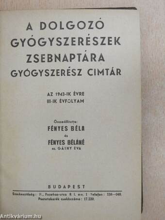 A dolgozó gyógyszerészek zsebnaptára 1943.