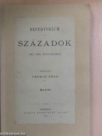 Repertorium a Századok 1867-1890. folyamaihoz