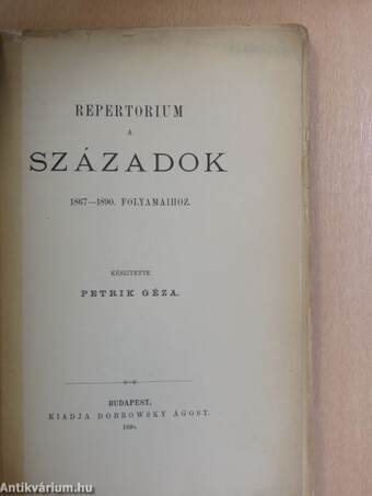 Repertorium a Századok 1867-1890. folyamaihoz