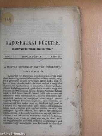 Sárospataki Füzetek 1858. március 31.