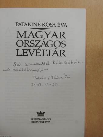 Magyar Országos Levéltár (dedikált példány)