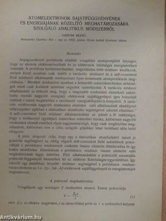 Atomelektronok sajátfüggvényének és energiájának közelítő meghatározására szolgáló analitikus módszerről