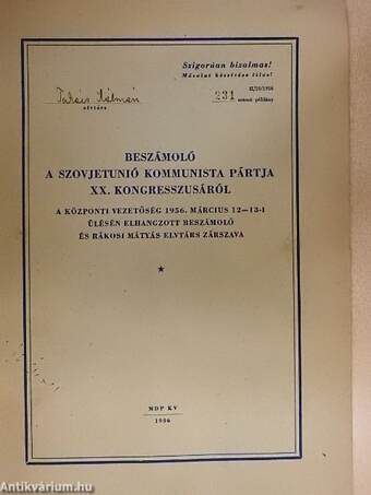 Beszámoló a Szovjetunió kommunista pártja XX. kongresszusáról