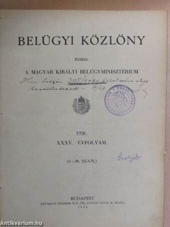 Belügyi Közlöny 1930. január-december