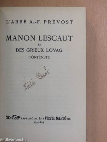 Manon Lescaut és Des Grieux lovag története