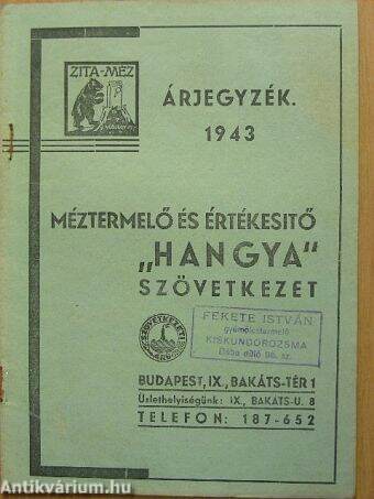 Méztermelő és Értékesítő "Hangya" Szövetkezet - Árjegyzék 1943