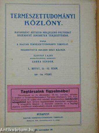 Természettudományi Közlöny 1918. november 20.