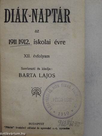 Diák-naptár az 1911/1912. iskolai évre