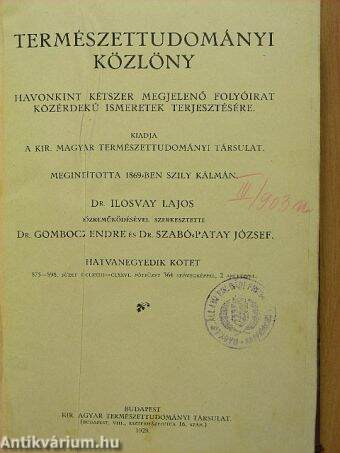 Természettudományi Közlöny 1929. (nem teljes évfolyam)/Pótfüzetek a Természettudományi Közlönyhöz 1929. január-december