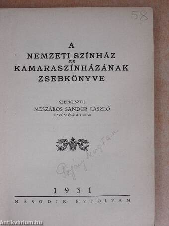 A Nemzeti Színház és Kamaraszínházának zsebkönyve 1931.