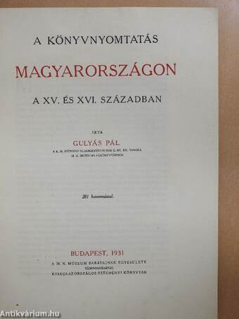 A könyvnyomtatás Magyarországon a XV. és XVI. században
