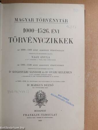 "50 kötet a Corpus Juris Hungarici-Magyar törvénytár sorozatból (nem teljes sorozat)"