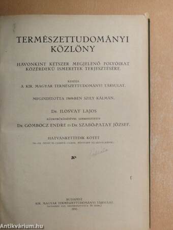 Természettudományi Közlöny 1930. január-december/Pótfüzetek a Természettudományi Közlönyhöz 1930. január-december