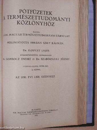 Természettudományi Közlöny 1930. január-december/Pótfüzetek a Természettudományi Közlönyhöz 1930. január-december