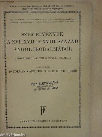 Szemelvények a XVI., XVII. és XVIII. század angol irodalmából