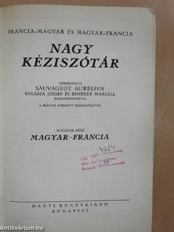 Francia-magyar és magyar-francia nagy kéziszótár II.