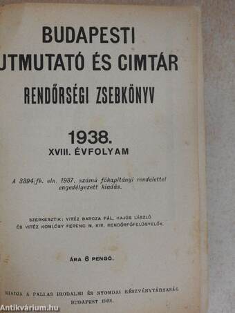 Budapesti utmutató és cimtár 1938.