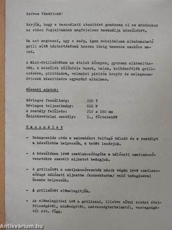 Használati utasítás az MG-1 típusú "Mini-Grill" készülékhez