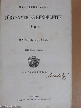 Magyarországi törvények és rendeletek tára 1868. Január-junius