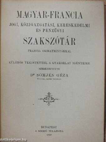 Magyar-francia jogi, közigazgatási, kereskedelmi és pénzügyi szakszótár