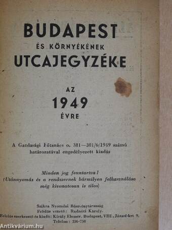 Budapest és környékének utcajegyzéke az 1949. évre