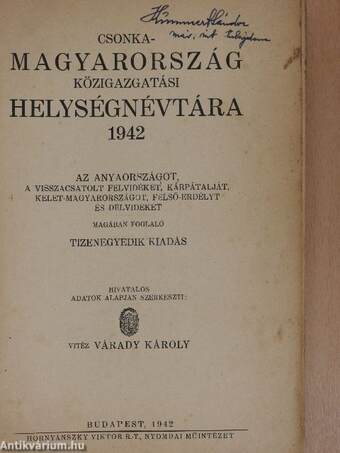 Csonka-Magyarország közigazgatási helységnévtára 1942.