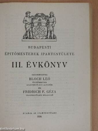 Budapesti Épitőmesterek Ipartestülete III. Évkönyv 1930/31.