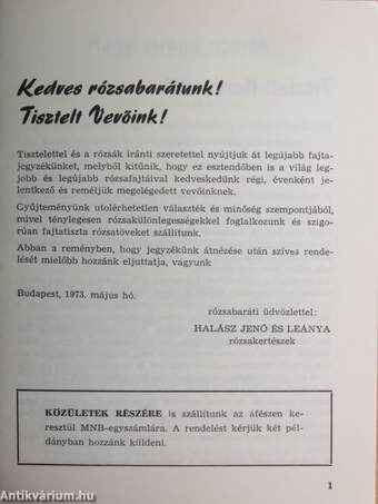 Halász Jenő és leánya rózsakertészek 1973-74. évi rózsafajtajegyzéke