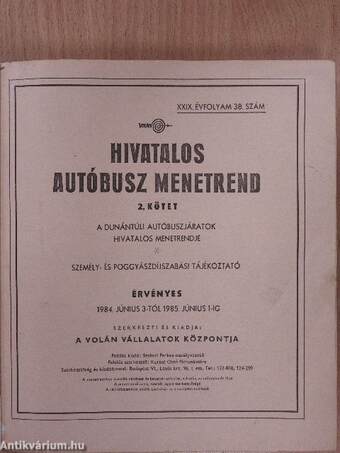 Hivatalos autóbusz menetrend 1984-1985 2.