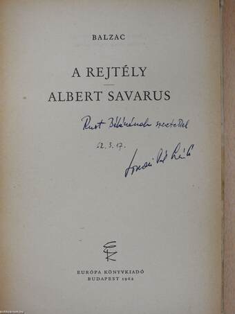 A rejtély/Albert Savarus (dedikált példány)