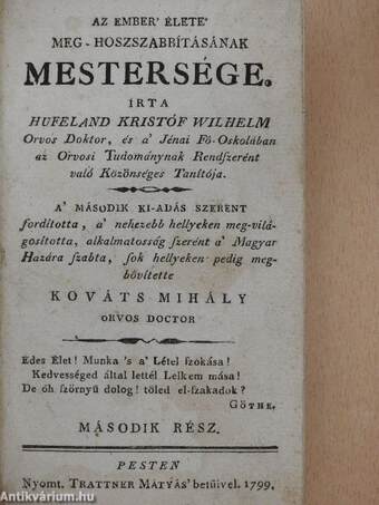 Az ember' élete' meg-hoszszabbításának mestersége II. (töredék)