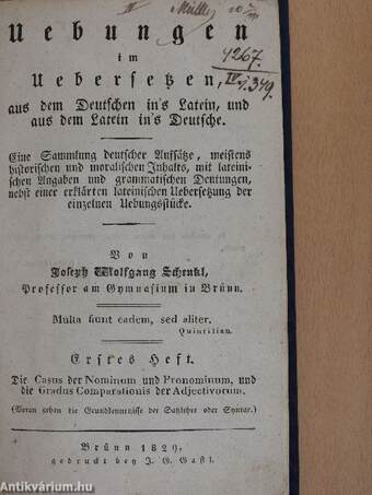 Übungen im Übersetzen, aus dem Deutschen in's Latein und aus dem Latein in's Deutsche I-II. (gótbetűs)