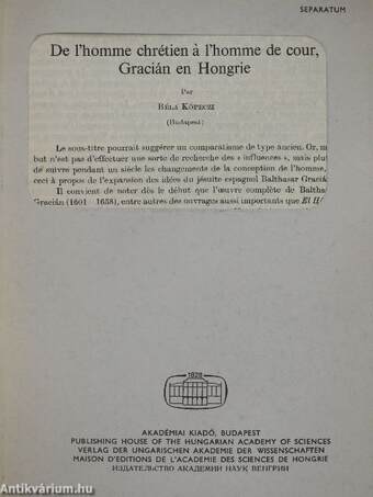 De l'homme chrétien á l'homme de cour, Gracián en Hongrie